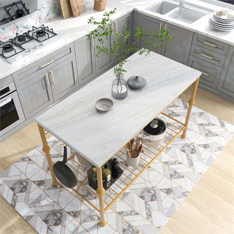 Furniture of America Froy Marble Top Kitchen Island in Gold and White