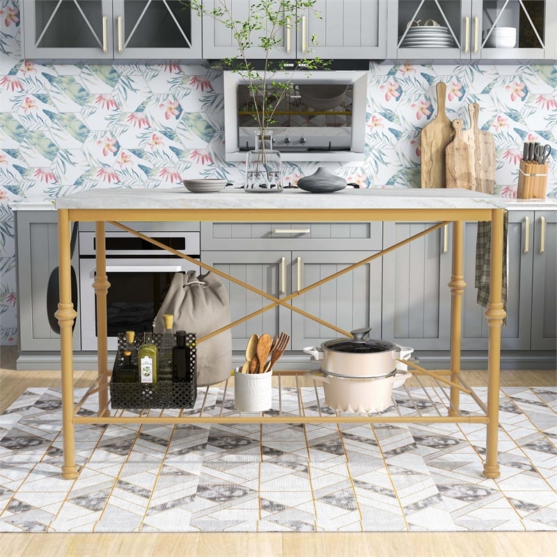 Furniture of America Froy Marble Top Kitchen Island in Gold and White