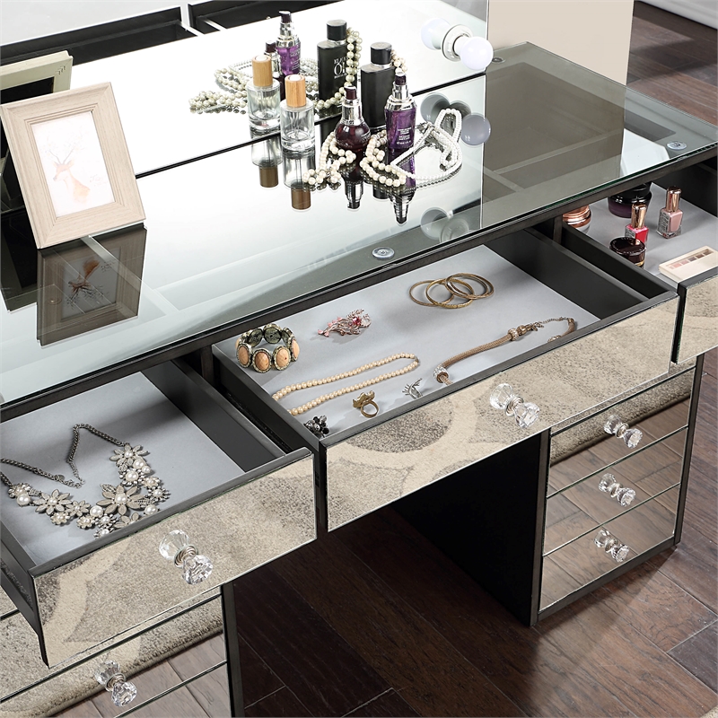 Furniture of America Glanz Wood 3-Piece Vanity Set with USB and LED in Gray