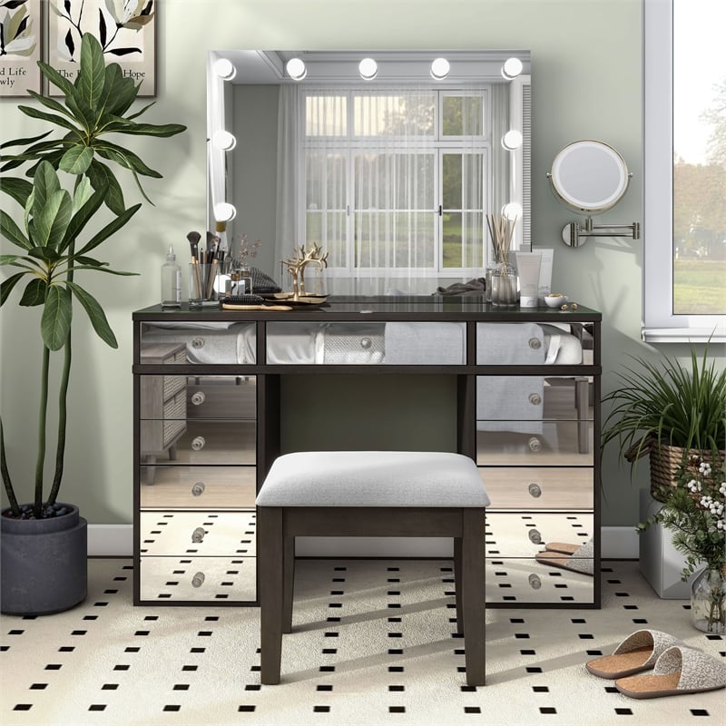Furniture of America Glanz Wood 3-Piece Vanity Set with USB and LED in Gray
