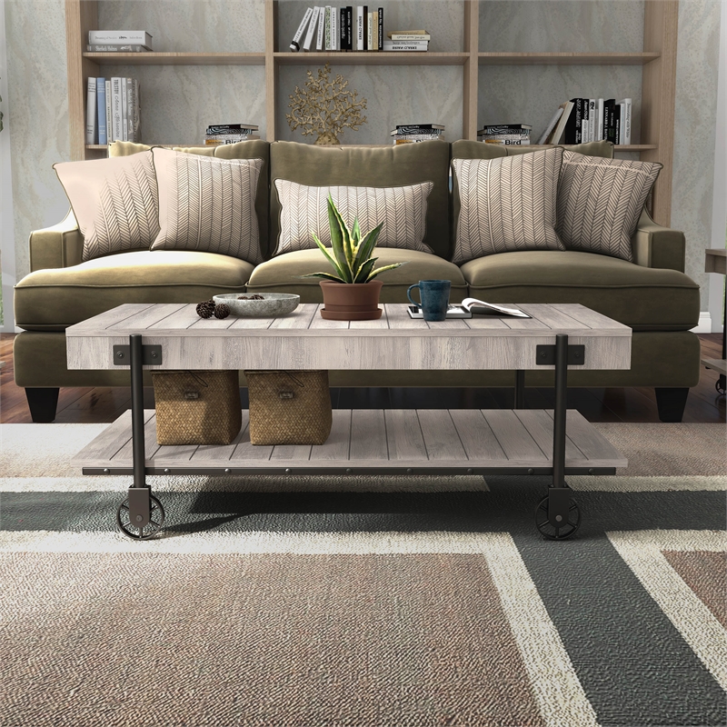 Furniture of America Acres Wood Natural Coffee Table with Metal Black Wheels