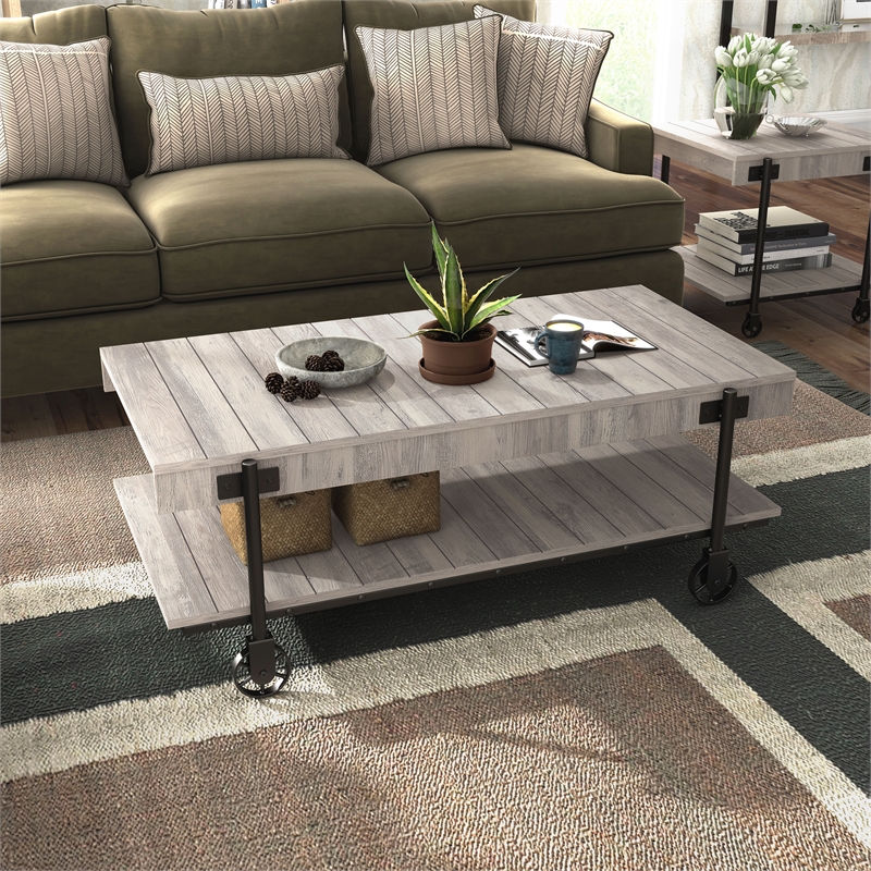 Furniture of America Acres Wood Natural Coffee Table with Metal Black Wheels