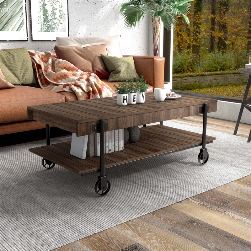 Furniture of America Acres Wood Walnut Coffee Table with Metal Black Wheels