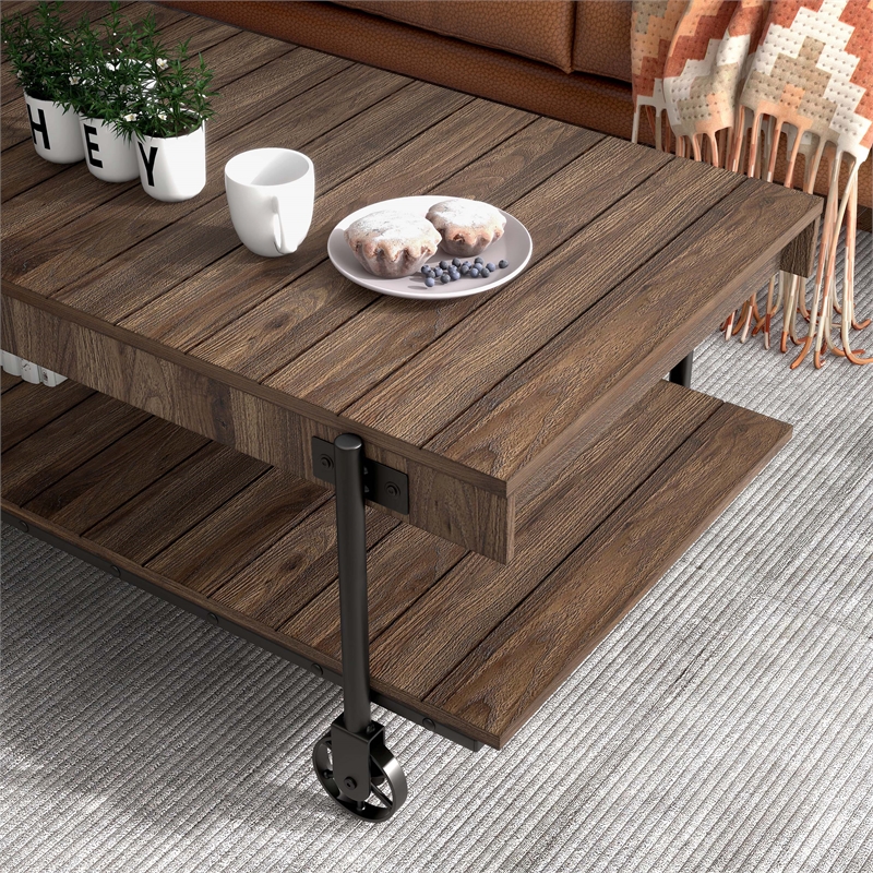 Furniture of America Acres Wood Walnut Coffee Table with Metal Black Wheels