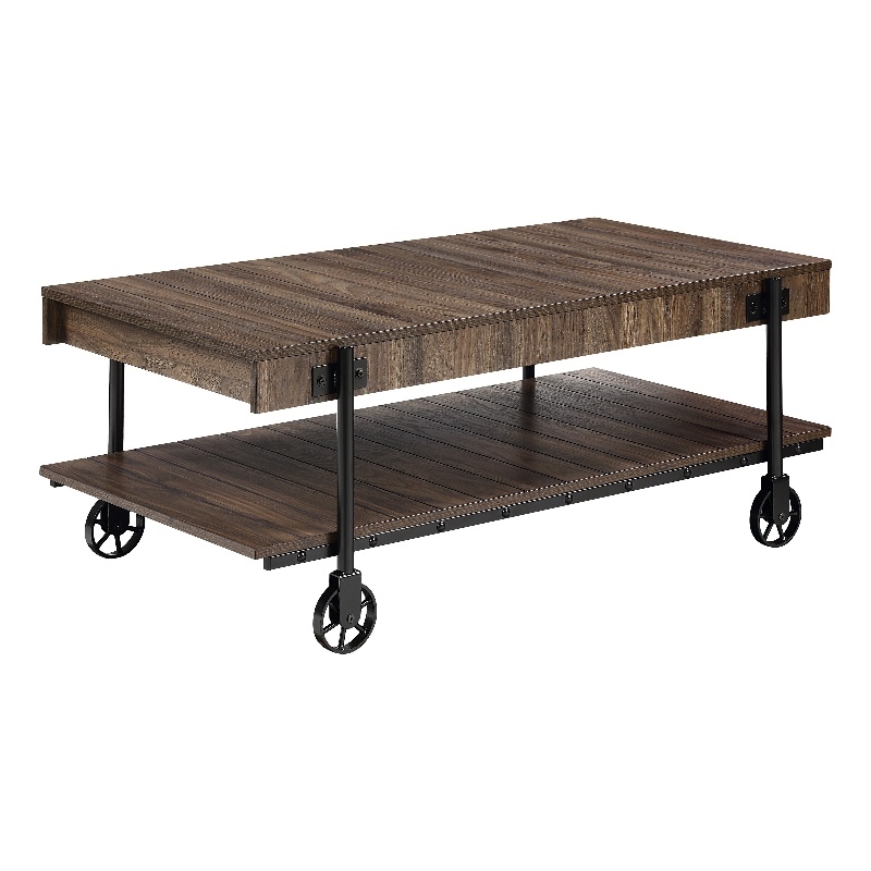 Furniture of America Acres Wood Walnut Coffee Table with Metal Black Wheels