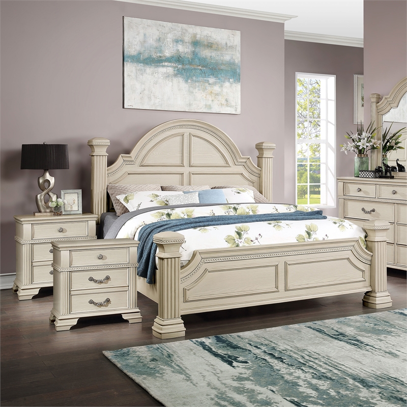 Furniture of America Charo 3pc White Wood Bedroom Set-Queen + 2 Nightstands