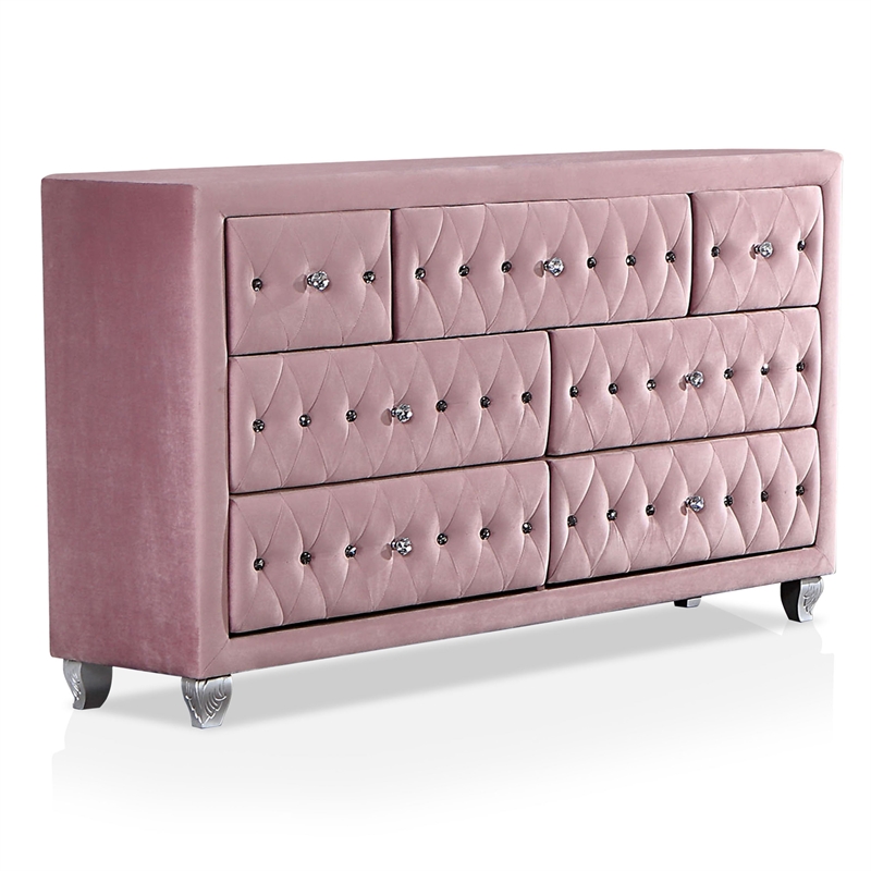 Furniture of America Gijit Glam Fabric 2-Piece Dresser and Mirror Set in Pink