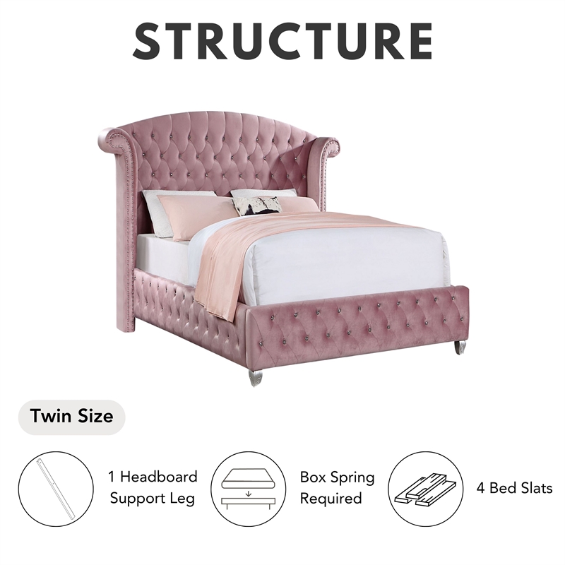 Furniture of America Gijit Glam Fabric Wingback Tufted Twin Bed in Pink