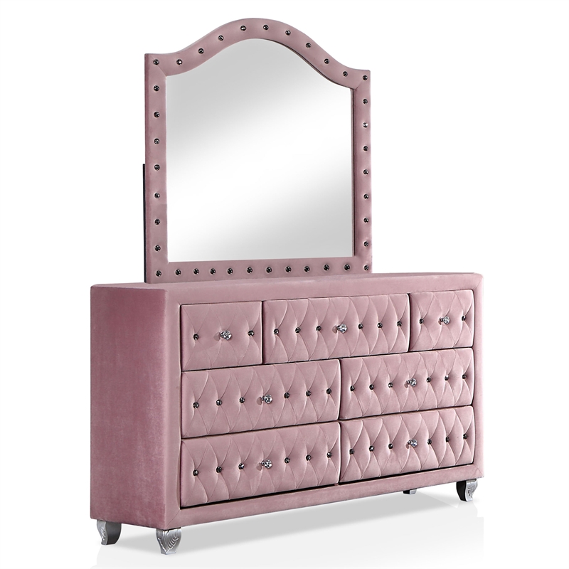 FOA Gijit 5pc Pink Fabric Bedroom Set - Full + 2 Nightstands + Dresser + Mirror