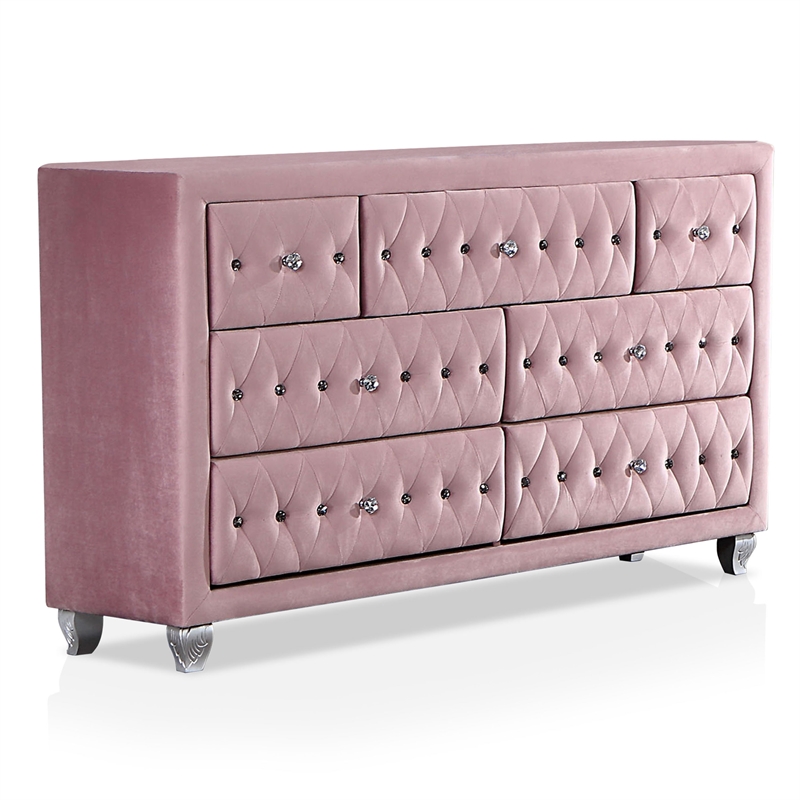 FOA Gijit 5pc Pink Fabric Bedroom Set - Twin + 2 Nightstands + Dresser + Mirror