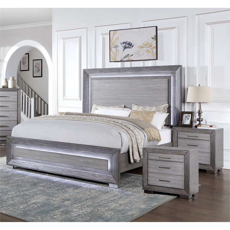 Furniture of America Iden 3pc Gray Wood Bedroom Set - Queen + 2 Nightstands