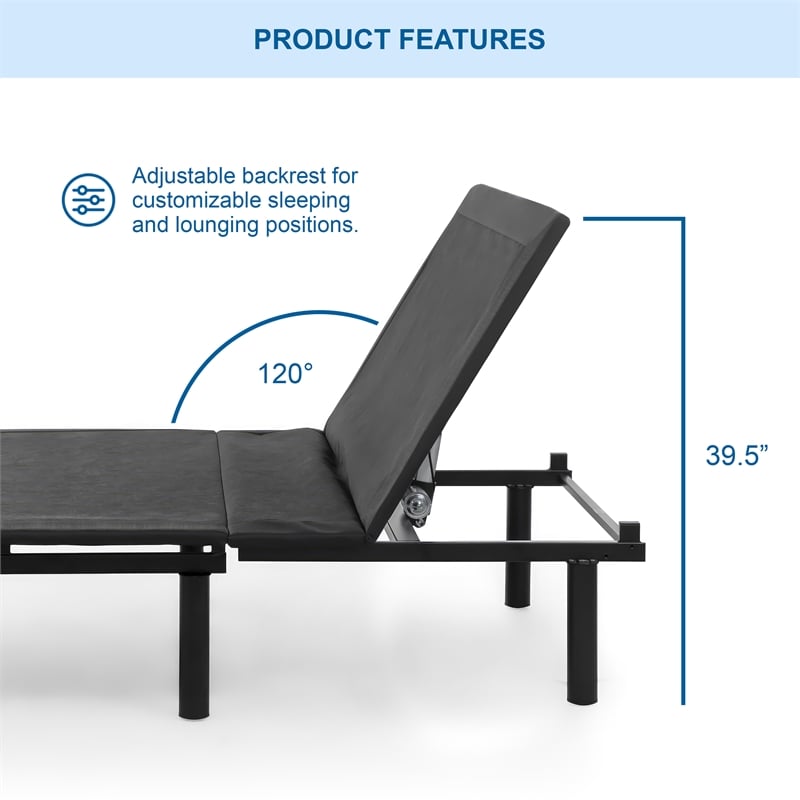 Patz Metal Black Twin XL Adjustable Bed & Wired Hand Control & Single Motor Head