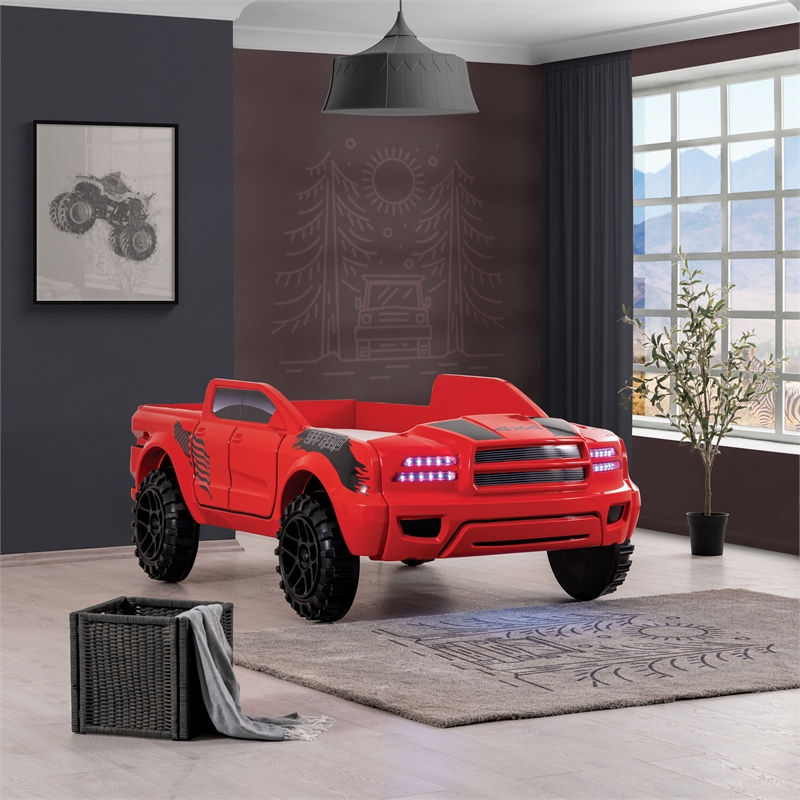 Furniture of America Spela Off-Road Truck Twin Wood Bed in Red