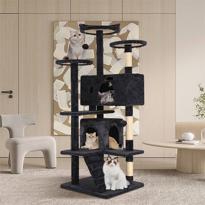 Furniture of America Poki Transitional Wood Cat Condo Tree Tower in Dark Gray