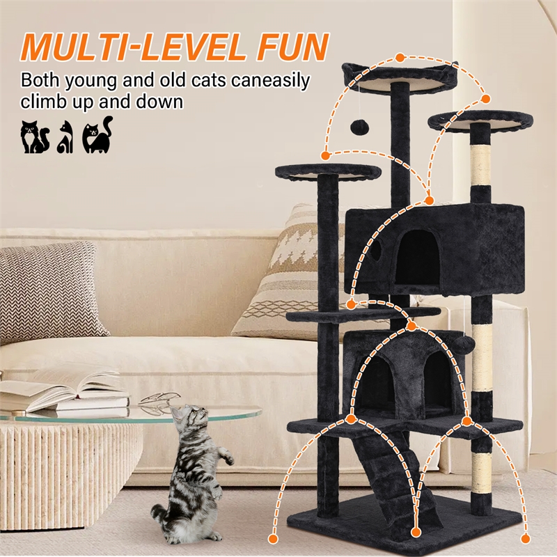 Furniture of America Poki Transitional Wood Cat Condo Tree Tower in Dark Gray