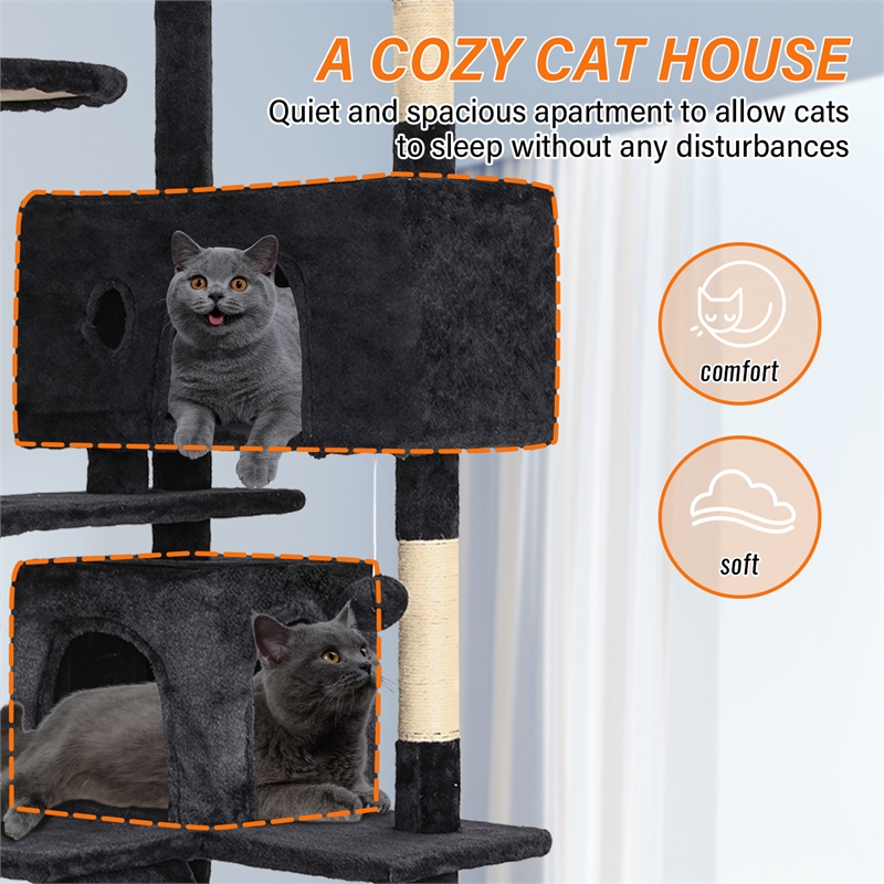 Furniture of America Poki Transitional Wood Cat Condo Tree Tower in Dark Gray