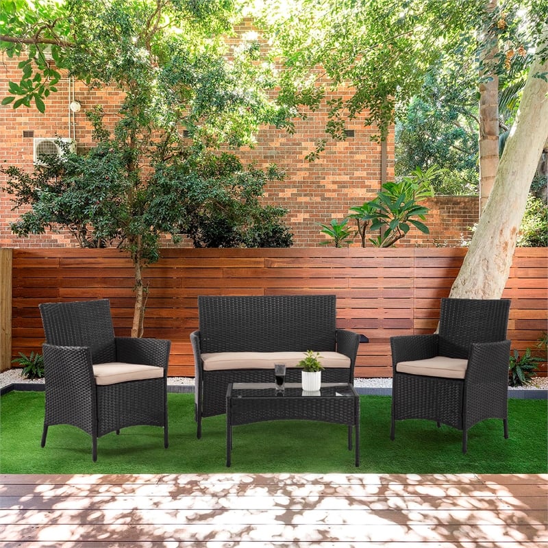 Furniture of America Meng 4-Piece Outdoor Wicker / Rattan Bistro Set in Black