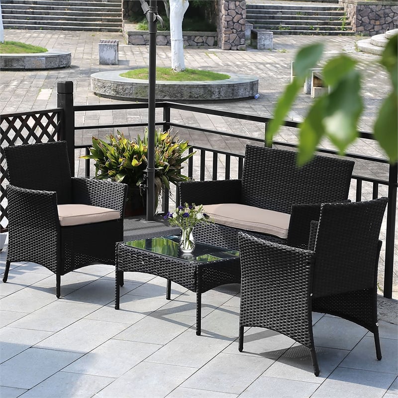 Furniture of America Meng 4-Piece Outdoor Wicker / Rattan Bistro Set in Black