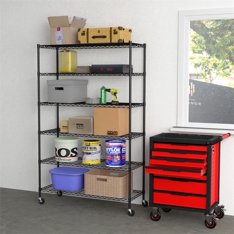 Furniture of America Stada 6-Tier Metal Shelf with Mounted Wheels in Black