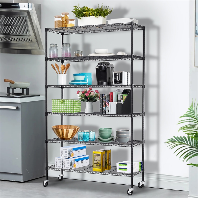 Furniture of America Stada 6-Tier Metal Shelf with Mounted Wheels in Black