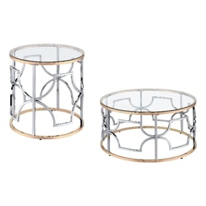 Furniture of America Sol Glass Top 2-Piece Coffee Table Set in Chrome and Gold