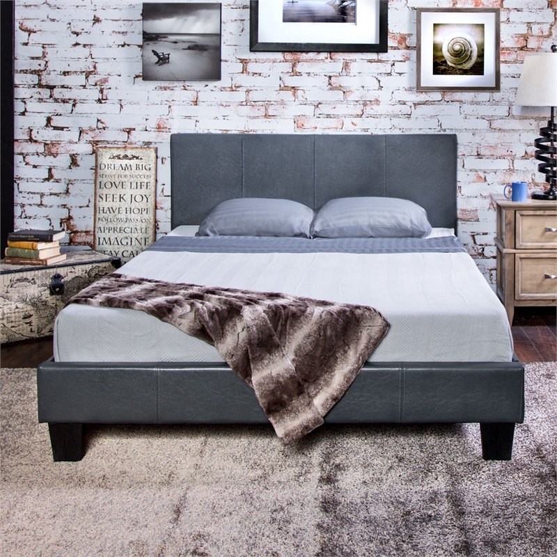 FOA Marc Gray Eastern King Faux Leather Bed with 8