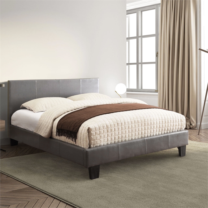 FOA Marc Gray Queen Faux Leather Bed with 10