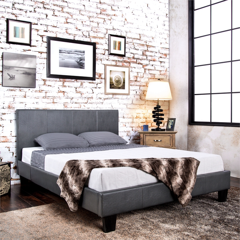 FOA Marc Gray Queen Faux Leather Bed with 6
