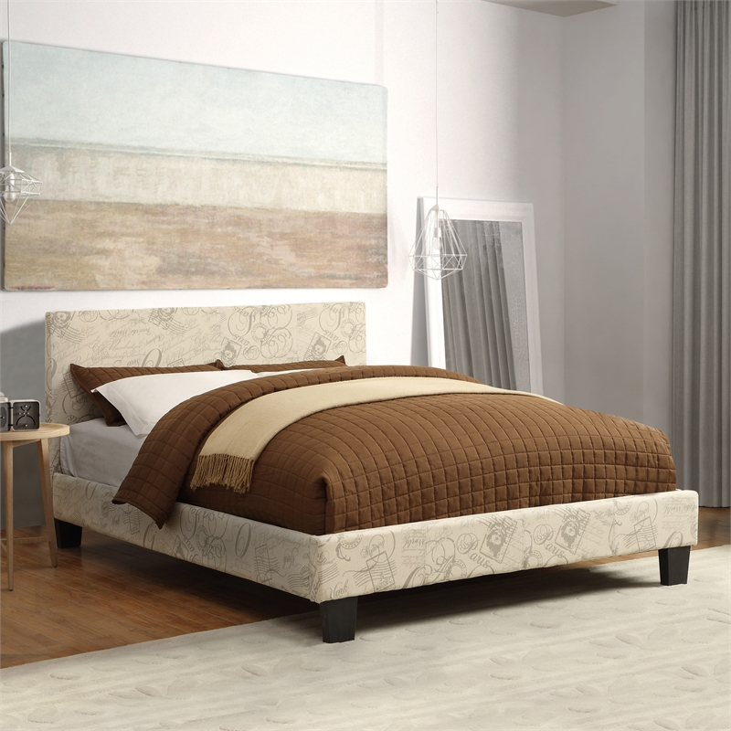 FOA Marc Beige Queen Platform Pattern Fabric Bed with 6