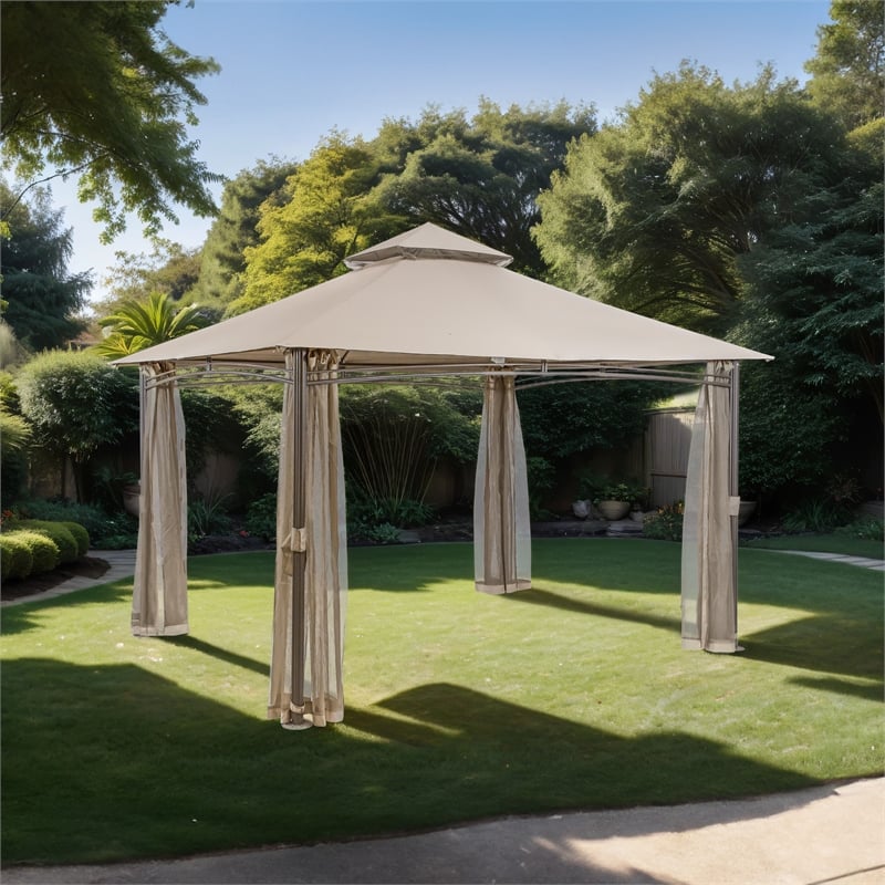 Furniture of America Naj 13' Outdoor Gazebo with  Netting in Brown Fabric