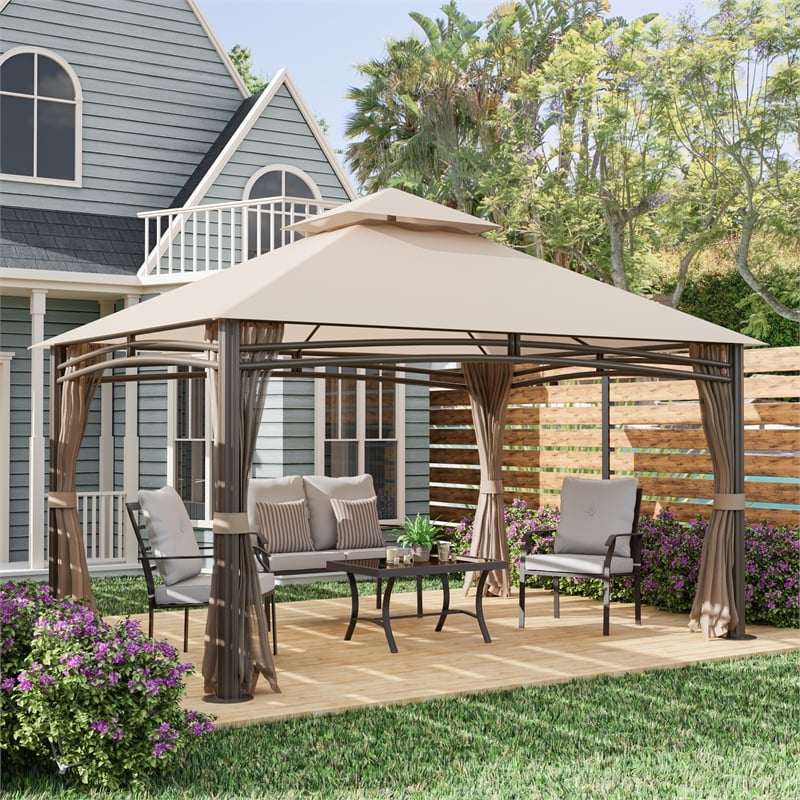 Furniture of America Naj 13' Outdoor Gazebo with  Netting in Brown Fabric
