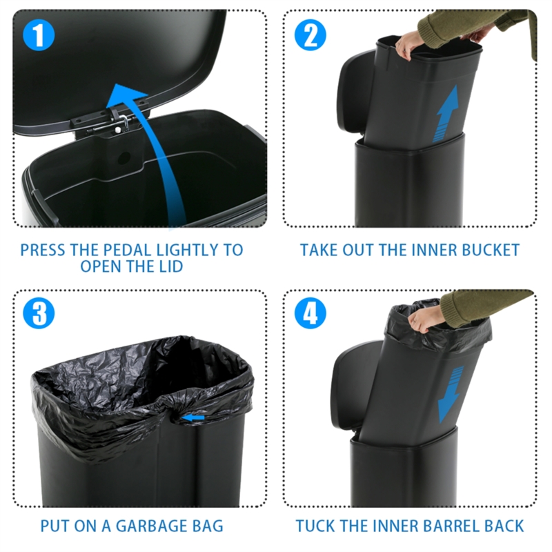 FOA Ament 13 Gallon Stainless Steel Step Foot Pedal Trash Can in Black