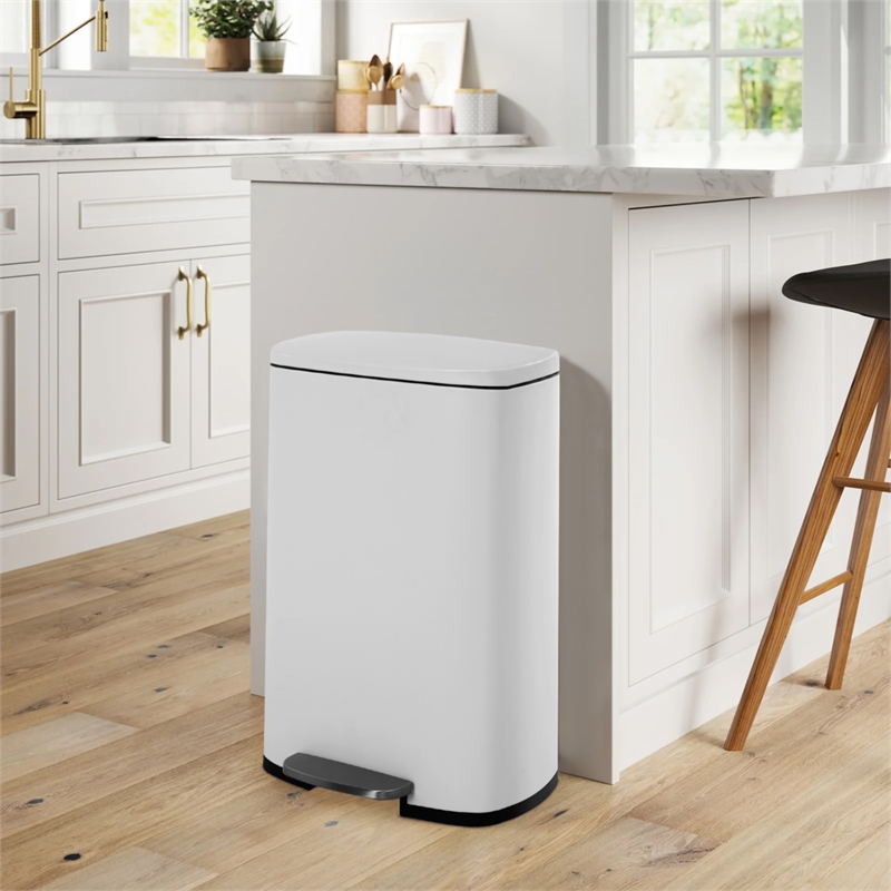 FOA Ament 13 Gallon Stainless Steel Step Foot Pedal Trash Can in White