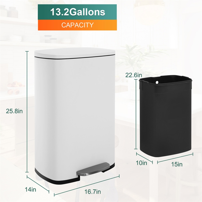FOA Ament 13 Gallon Stainless Steel Step Foot Pedal Trash Can in White