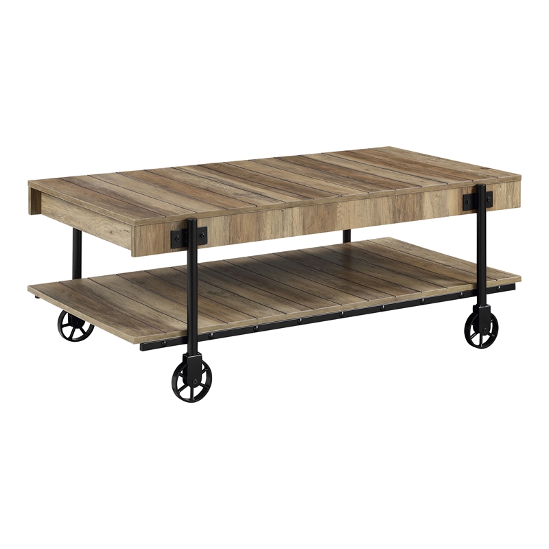 Furniture of America Acres Wood Rustic Oak 2-Piece Coffee Table Set with Wheels