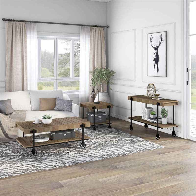 Furniture of America Acres Wood Rustic Oak 3-Piece Coffee Table Set with Wheels