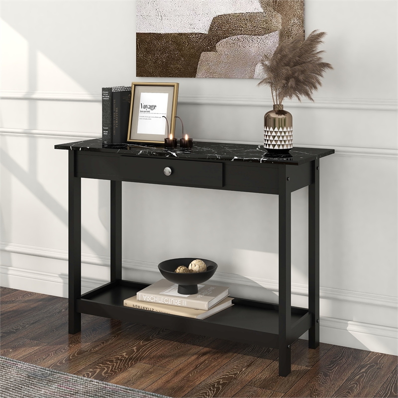Furniture of America Histe Faux Marble and Wood 1-Drawer Sofa Table in Black