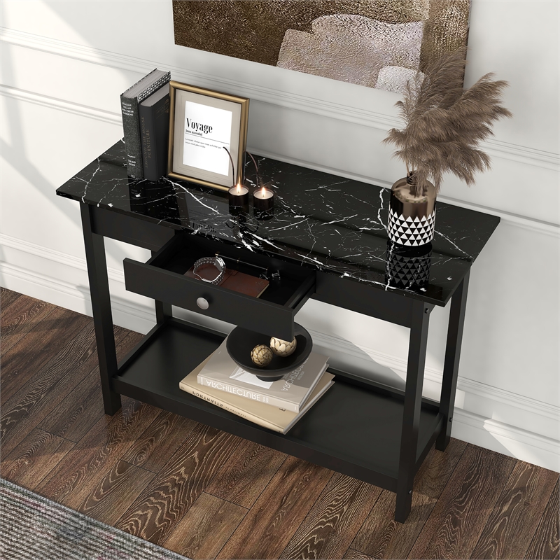 Furniture of America Histe Faux Marble and Wood 1-Drawer Sofa Table in Black