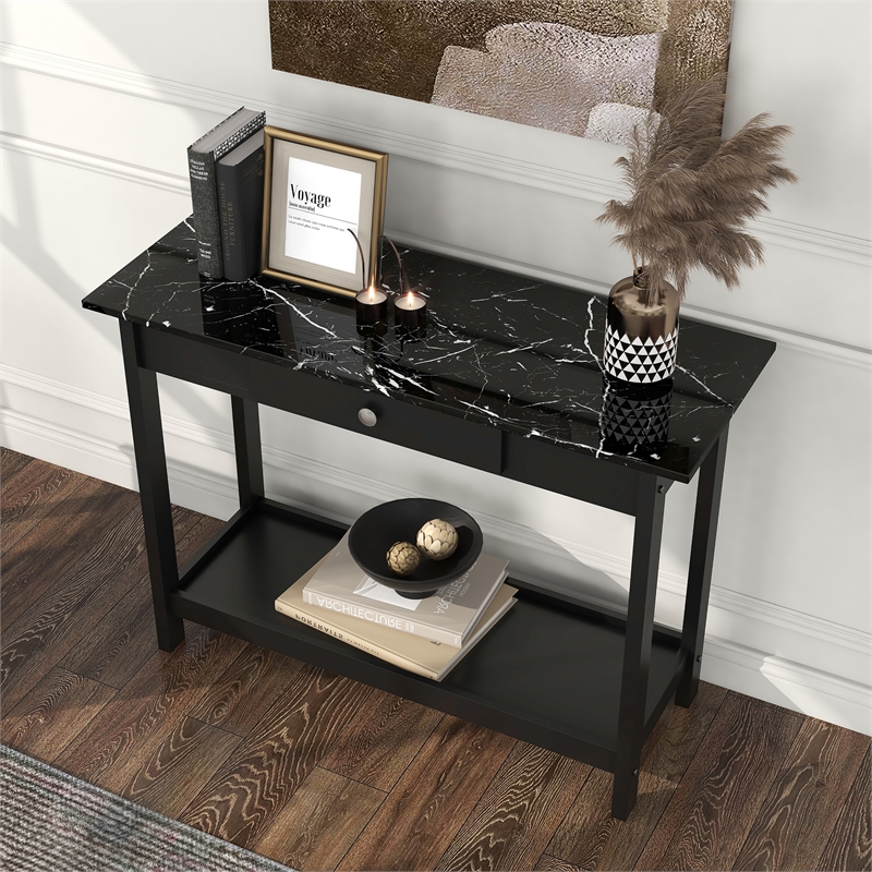 Furniture of America Histe Faux Marble and Wood 1-Drawer Sofa Table in Black