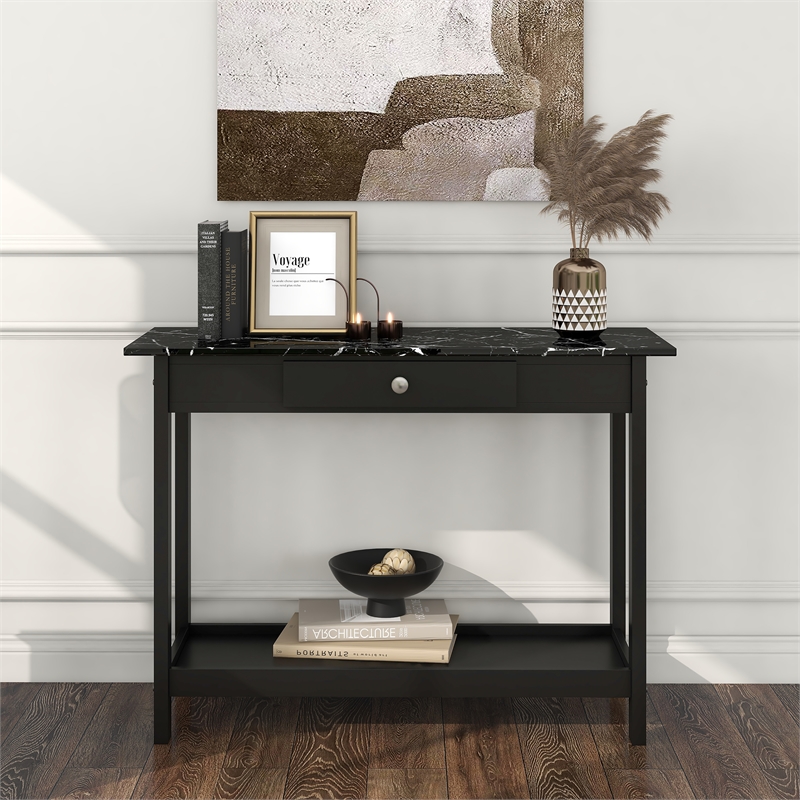 Furniture of America Histe Faux Marble and Wood 1-Drawer Sofa Table in Black