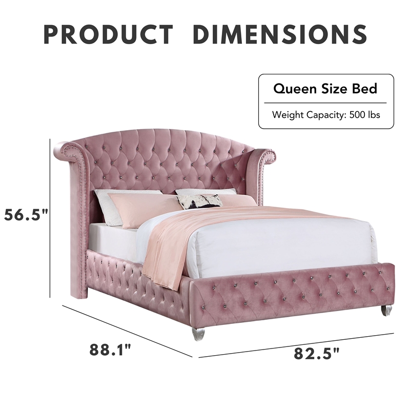 FOA Gijit 5pc Pink Fabric Bedroom Set - Queen + 2 Nightstands + Dresser + Mirror