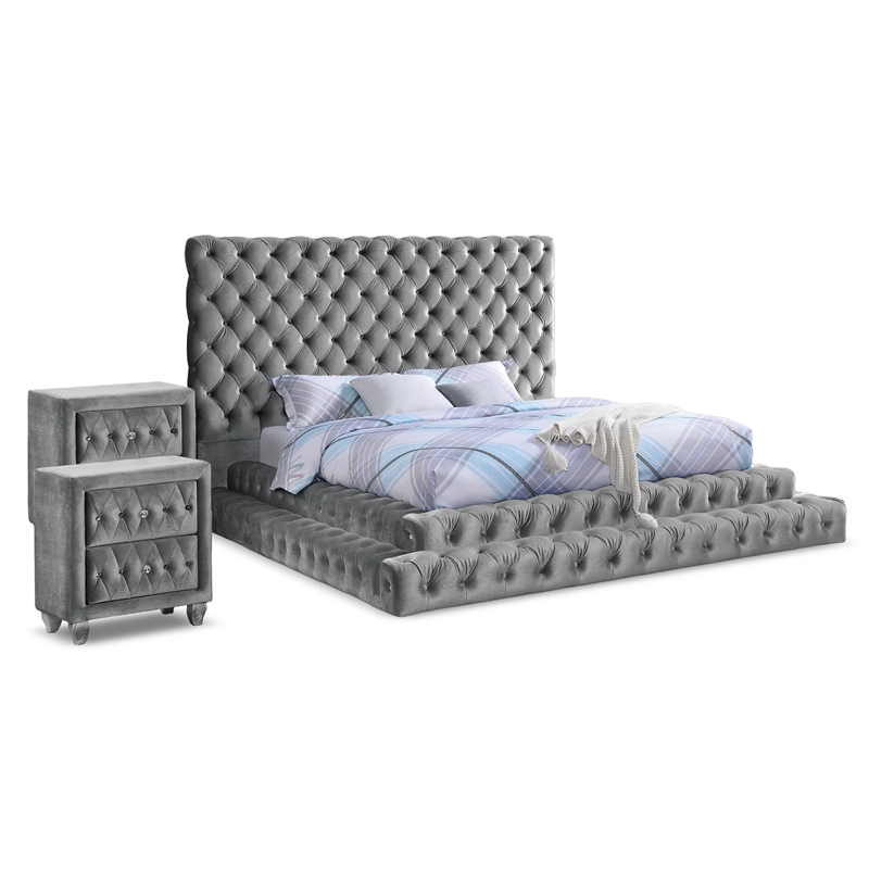 FOA Biron 3pc Gray Fabric Upholstered Bedroom Set - King + 2 Nightstands