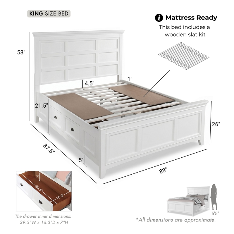 FOA Ender 5pc White Wood Bedroom Set - King + 2 Nightstands + Dresser + Mirror