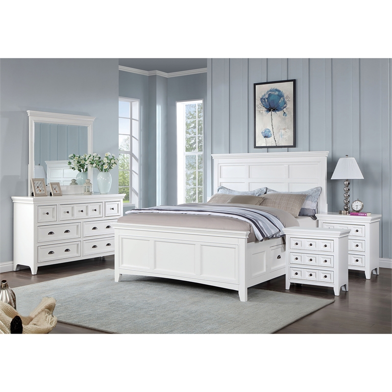 FOA Ender 5pc White Wood Bedroom Set - Full + 2 Nightstands + Dresser + Mirror