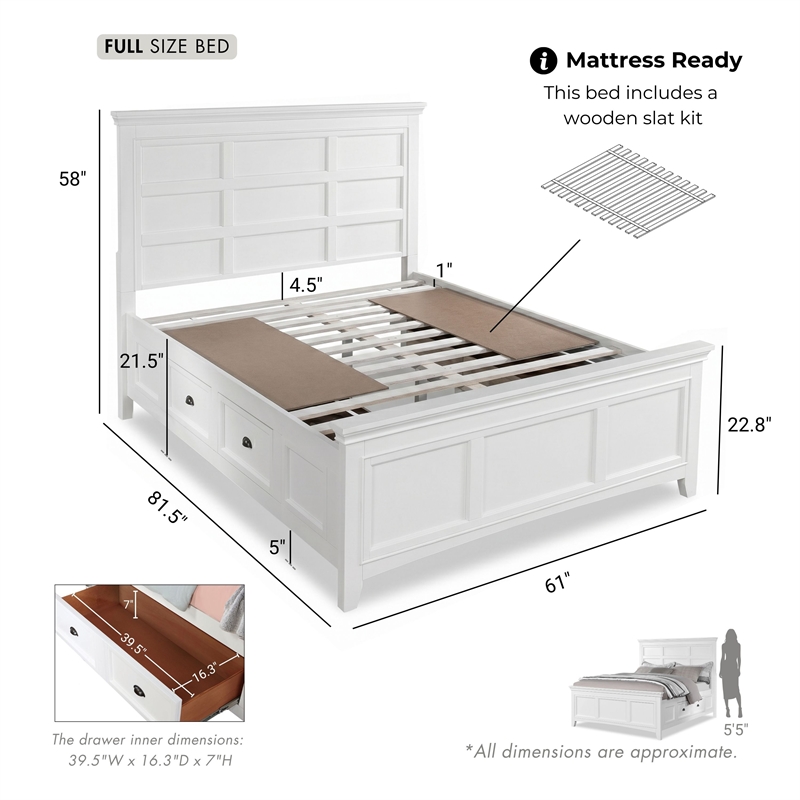 FOA Ender 5pc White Wood Bedroom Set - Full + 2 Nightstands + Dresser + Mirror
