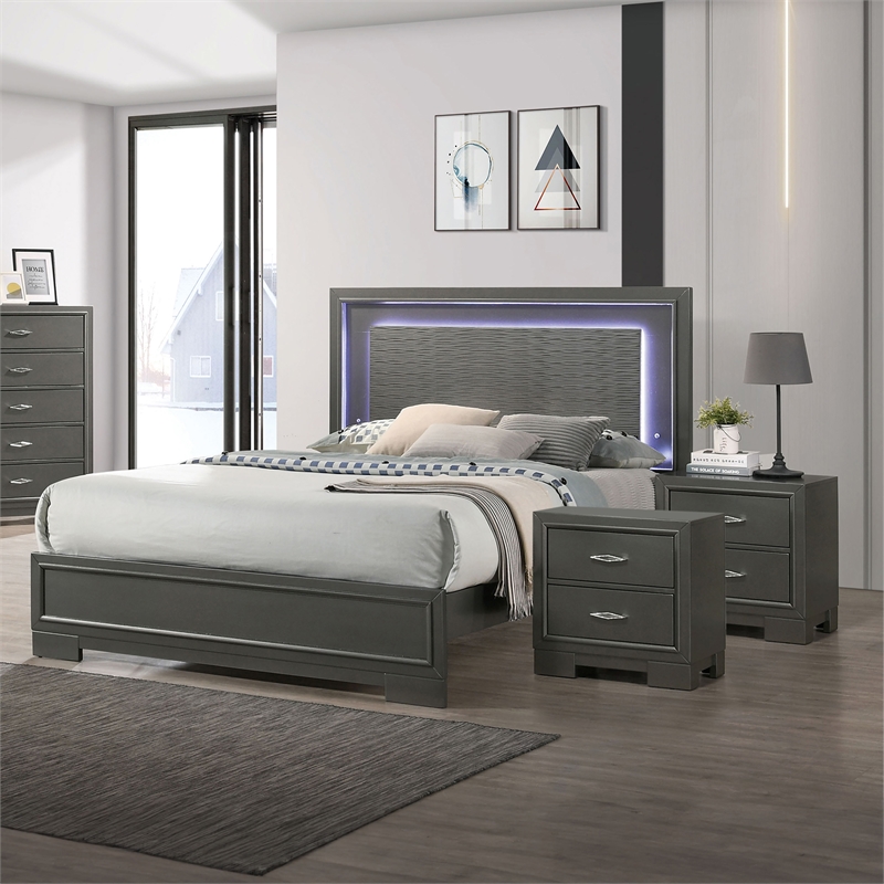 Furniture of America Santi 3pc Gray Wood Bedroom Set - Queen + 2 Nightstands