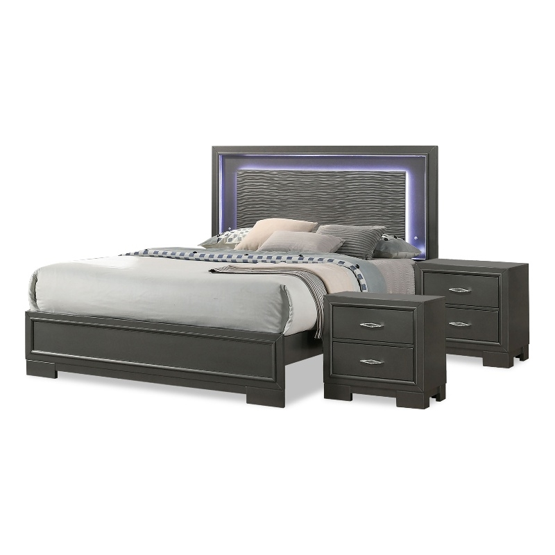 Furniture of America Santi 3pc Gray Wood Bedroom Set - Queen + 2 Nightstands