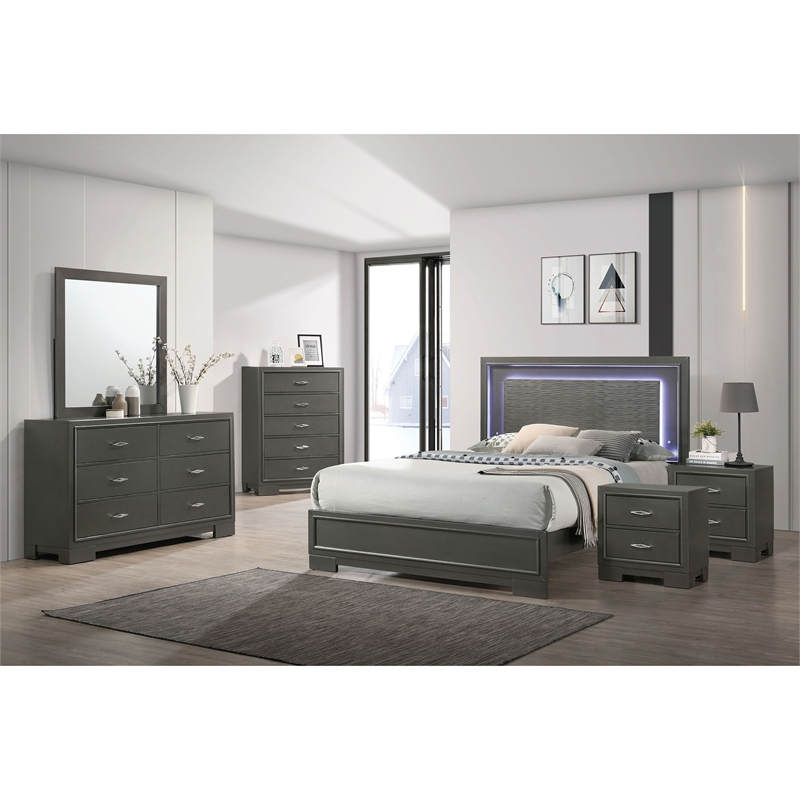 FOA Santi 6pc Gray Wood Bedroom Set - King +2 Nightstands +Chest +Dresser+Mirror