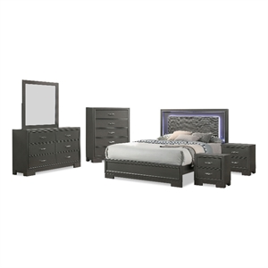 FOA Santi 6pc Gray Wood Bedroom Set - Queen+2 Nightstands+Chest+Dresser+Mirror