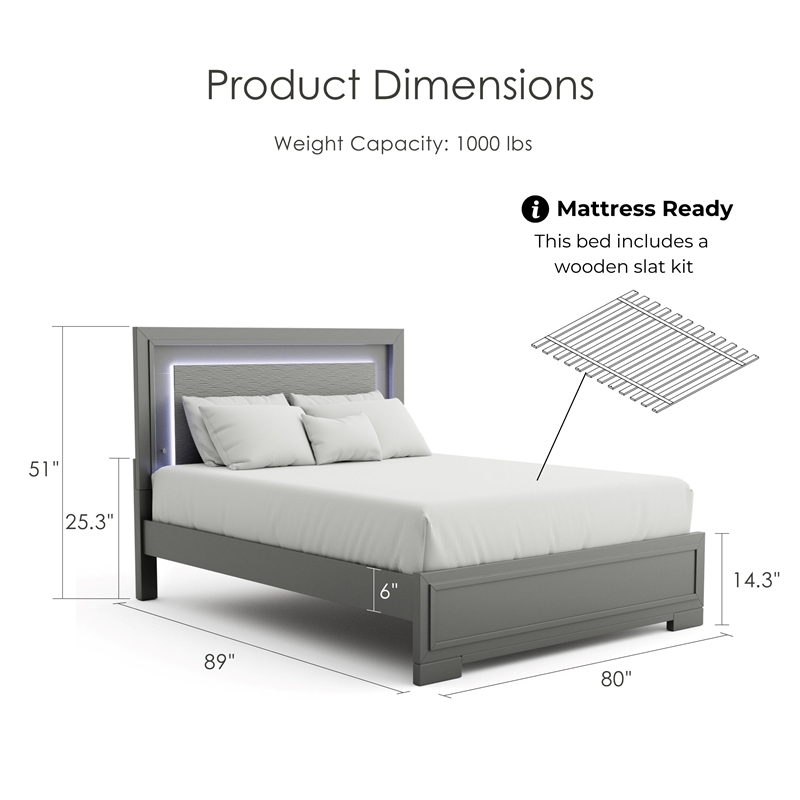 Furniture of America Santi Platform Wood Cal King Bed with LED Light in Gray